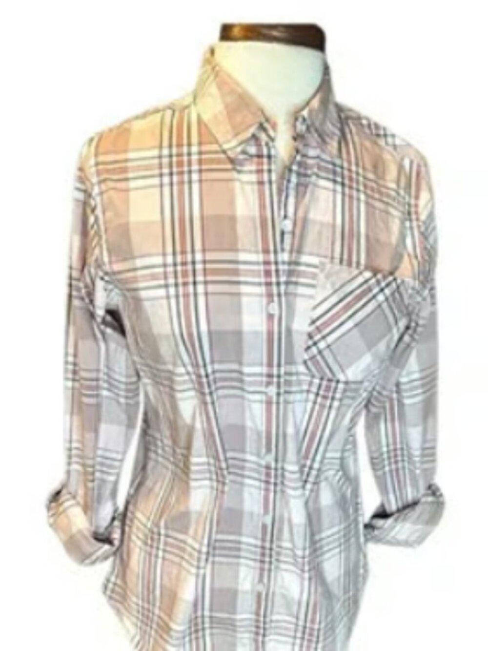 Croft & Barrow Button Down Top Lightweight Roll Sleeves Tan Brown Pink Blouse